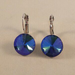 Silver Plated Mystic Navy Blue Crystal Zircon Drop Hoop Earrings Gorgeous Gift